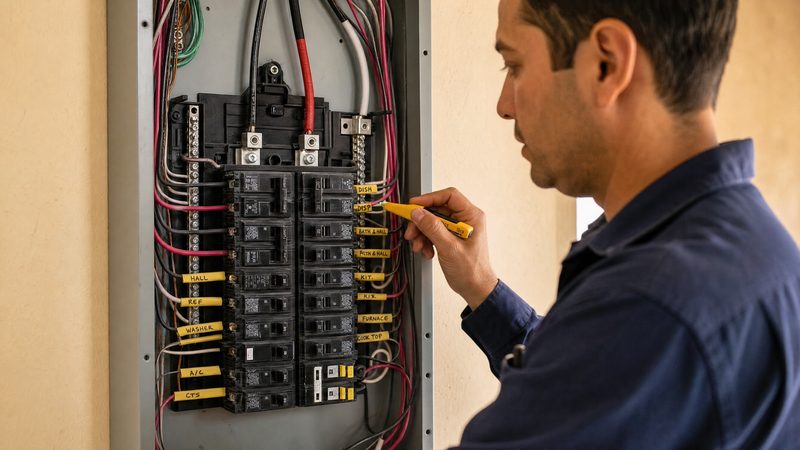 Electricista revisando un panel electrico residencial