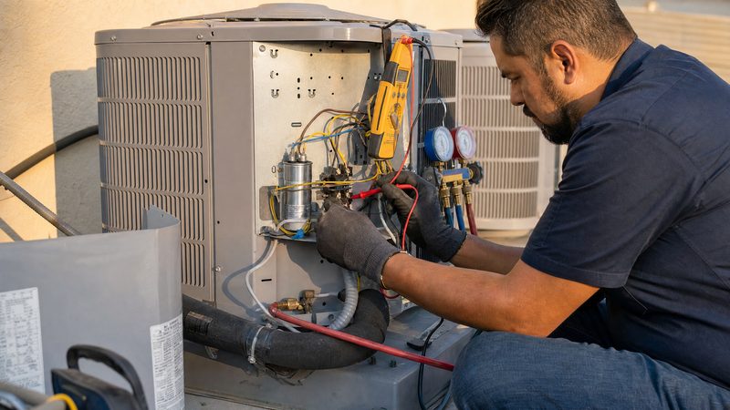 Tecnico de HVAC midiendo presiones en una condensadora