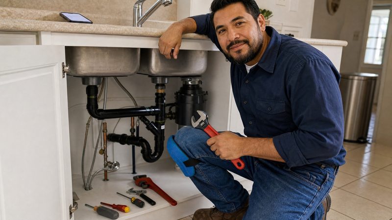 Plomero trabajando bajo un fregadero con tuberia PVC
